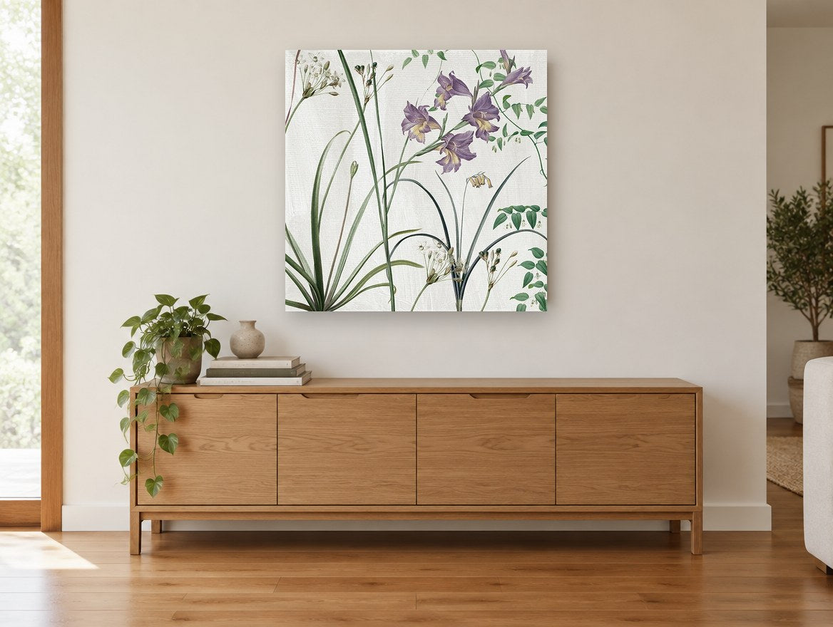 Lilac Gladioli Meadow floral canvas print on the wall of a living room above a sideboard