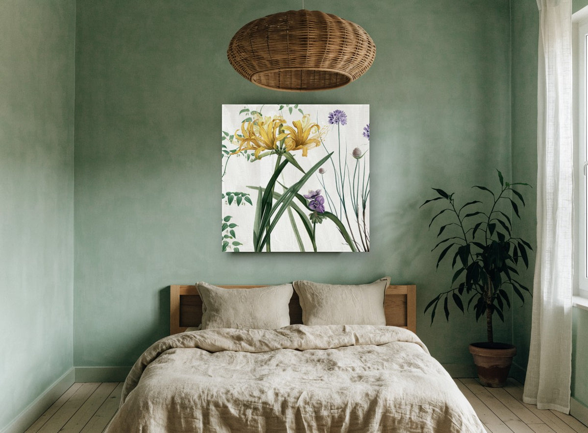Golden Lily Meadow floral canvas print on the wall of a bedroom