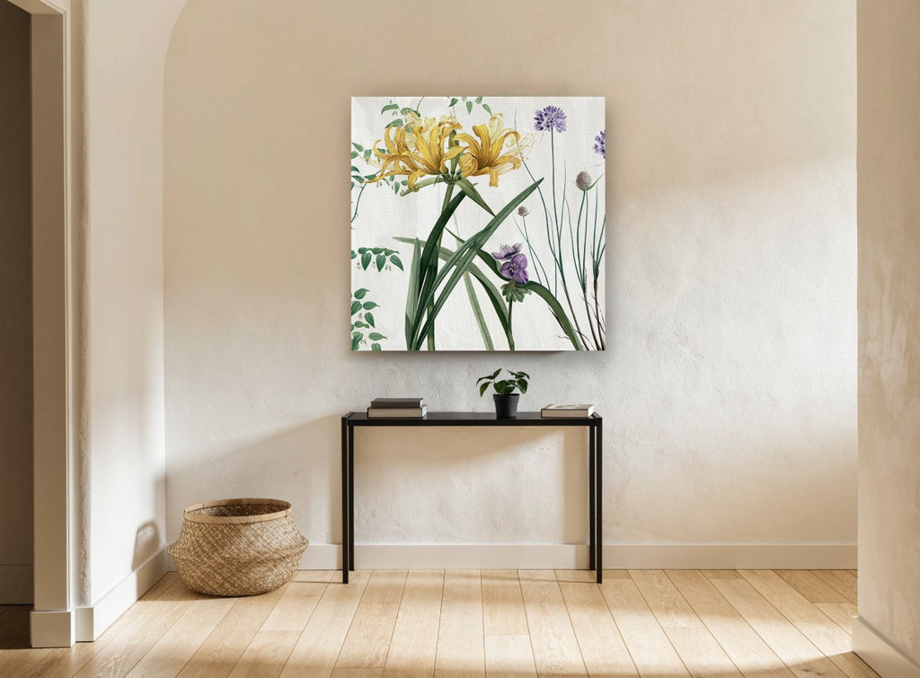 Golden Lily Meadow floral canvas print on the wall of a hallway