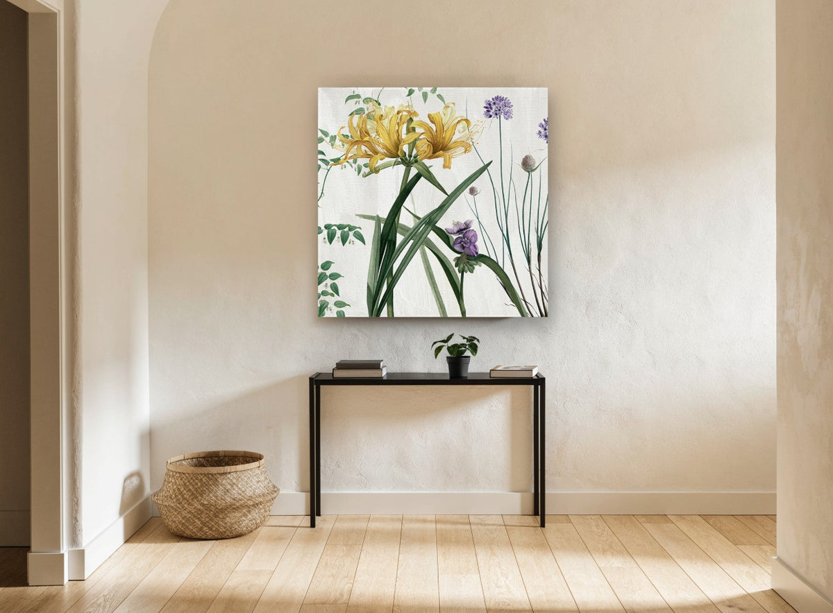 Golden Lily Meadow floral canvas print on the wall of a hallway
