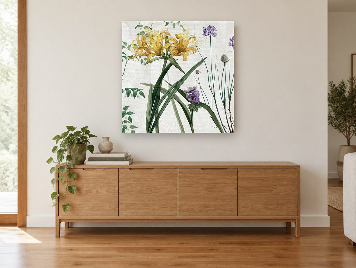 Golden Lily Meadow floral canvas print on the wall of a living room above a sideboard