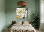 Ivory Sunflower Damask floral canvas print on the wall of a bedroom