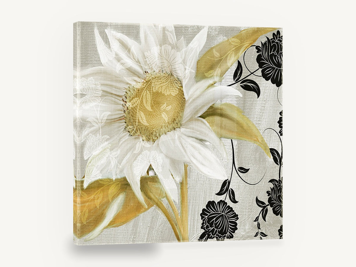 Ivory Sunflower Damask, white sunflower black floral pattern, floral canvas wall art print ready to hang