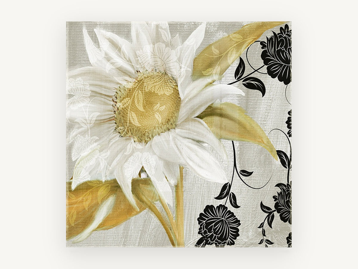 Ivory Sunflower Damask, floral canvas wall art print, front view