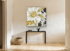 Ivory Sunflower Damask floral canvas print on the wall of a hallway