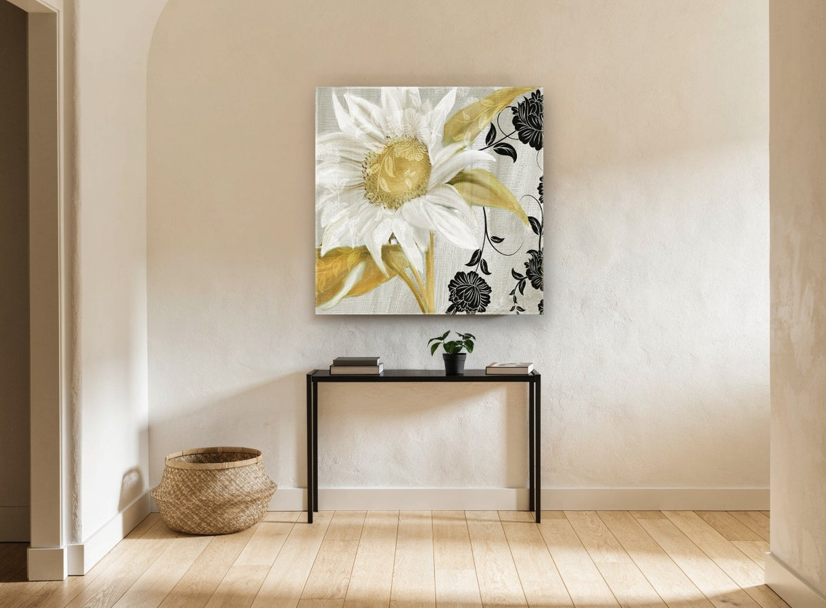 Ivory Sunflower Damask floral canvas print on the wall of a hallway
