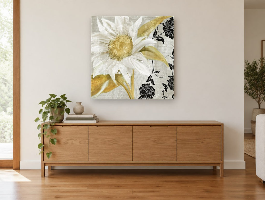 Ivory Sunflower Damask floral canvas print on the wall of a living room above a sideboard