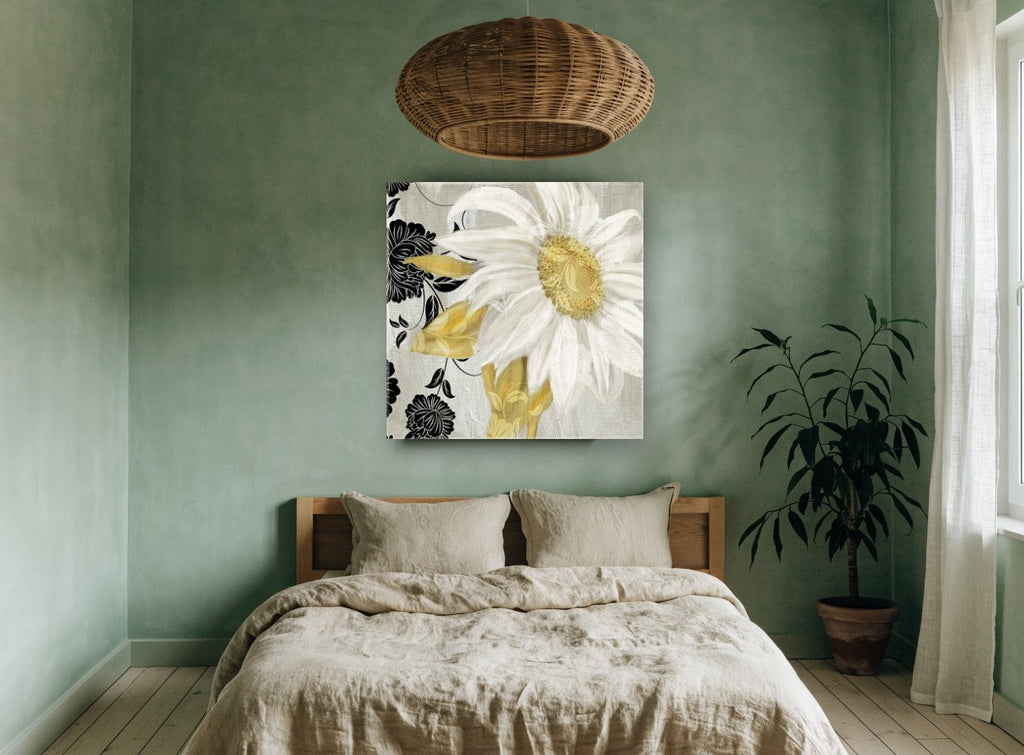 White Daisy Silhouettes floral canvas print on the wall of a bedroom