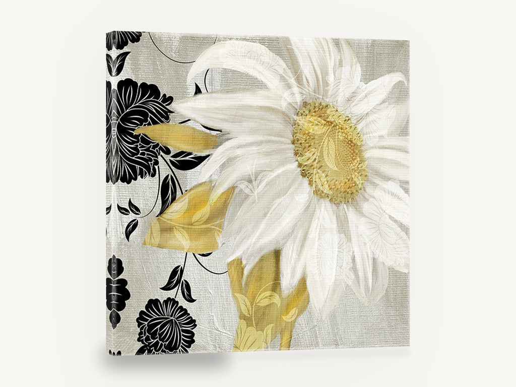 White Daisy Silhouettes, white daisy black floral pattern, floral canvas wall art print ready to hang