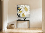 White Daisy Silhouettes floral canvas print on the wall of a hallway