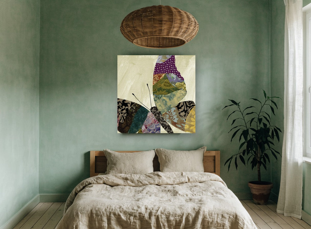 Patchwork Brocade Butterfly floral canvas print on the wall of a bedroom