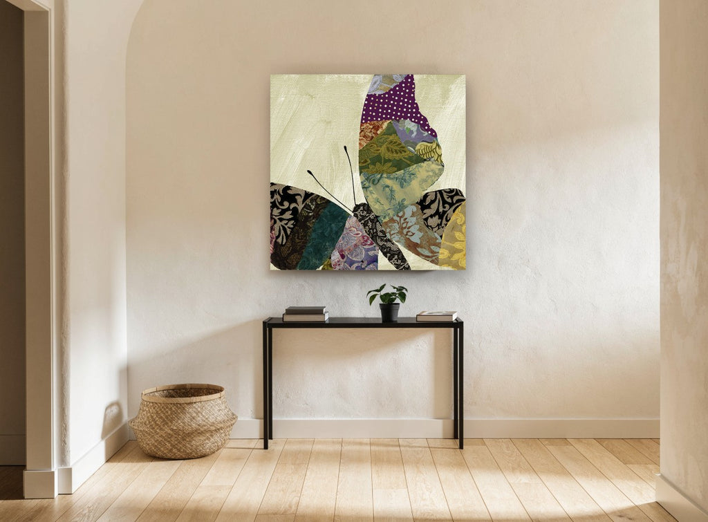 Patchwork Brocade Butterfly floral canvas print on the wall of a hallway