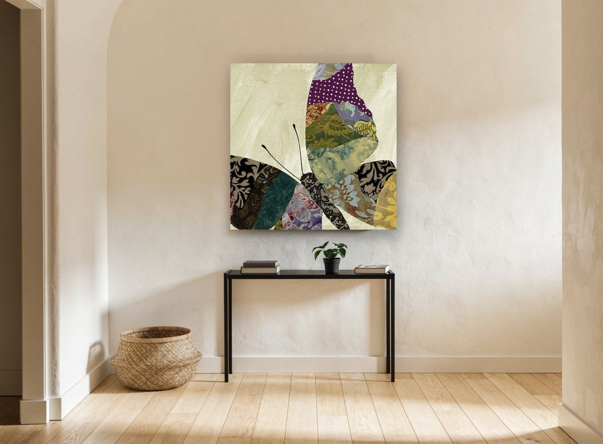 Patchwork Brocade Butterfly floral canvas print on the wall of a hallway