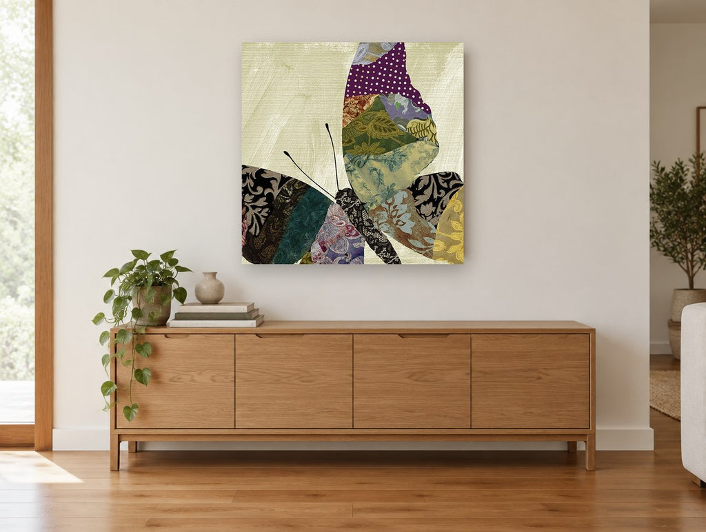 Patchwork Brocade Butterfly floral canvas print on the wall of a living room above a sideboard