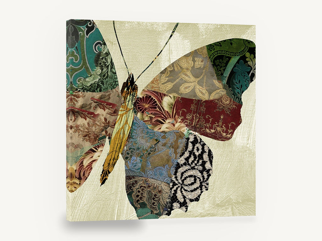 Patchwork Brocade Butterfly, patchwork butterfly brocade collage, floral canvas wall art print ready to hang