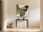 Patchwork Brocade Butterfly floral canvas print on the wall of a hallway