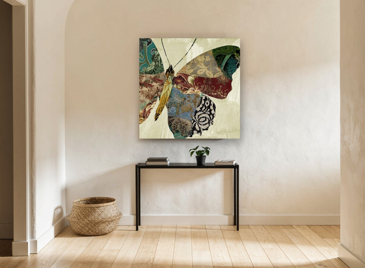 Patchwork Brocade Butterfly floral canvas print on the wall of a hallway