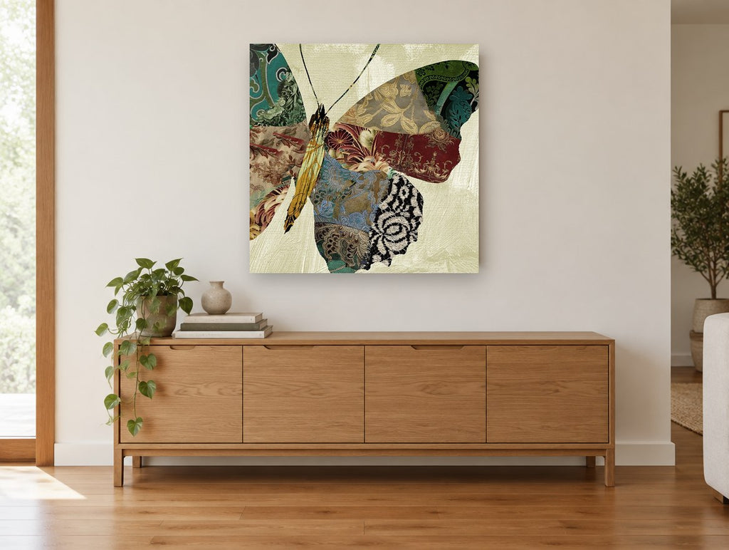 Patchwork Brocade Butterfly floral canvas print on the wall of a living room above a sideboard