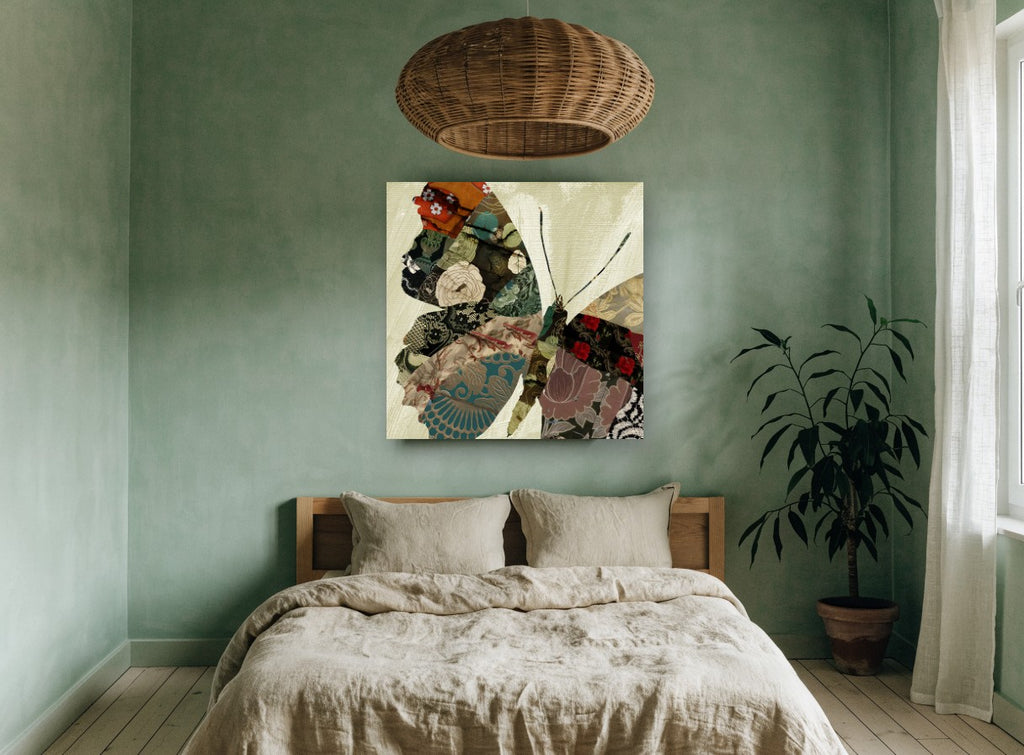 Brocade Butterfly Patchwork floral canvas print on the wall of a bedroom