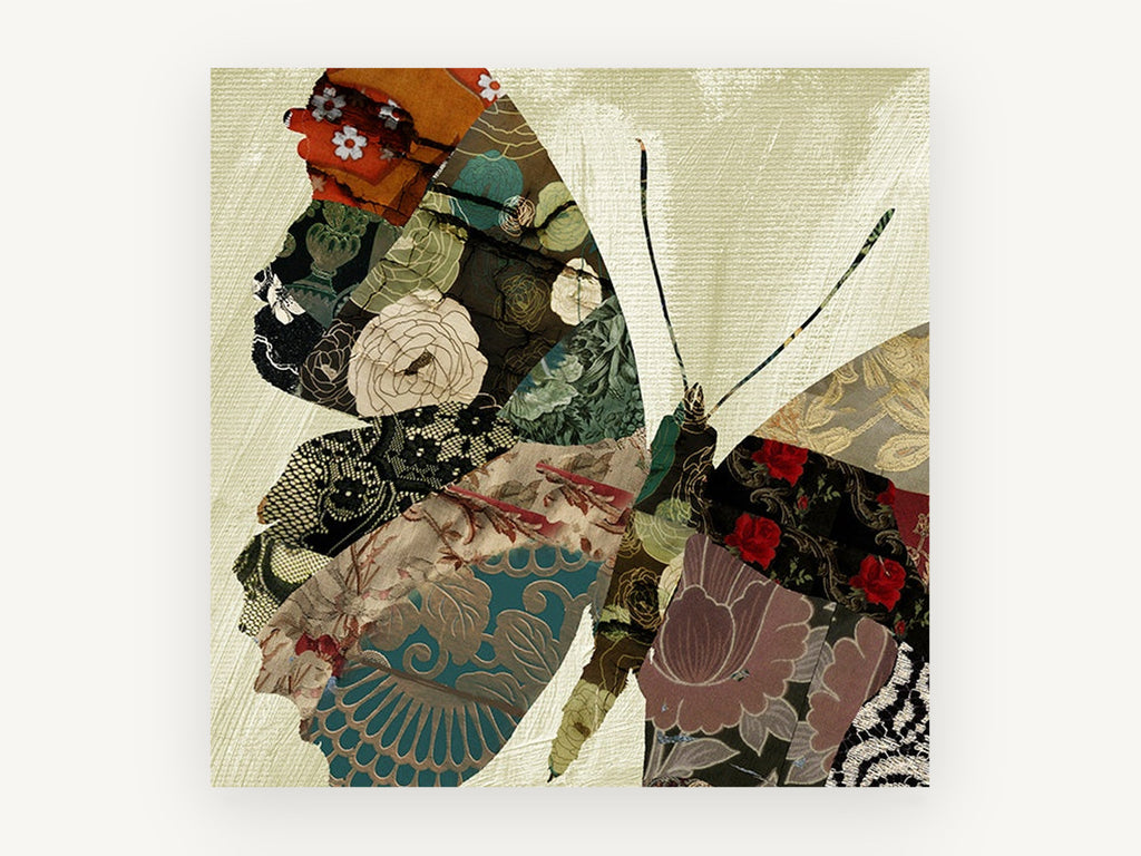 Brocade Butterfly Patchwork, floral canvas wall art print, front view