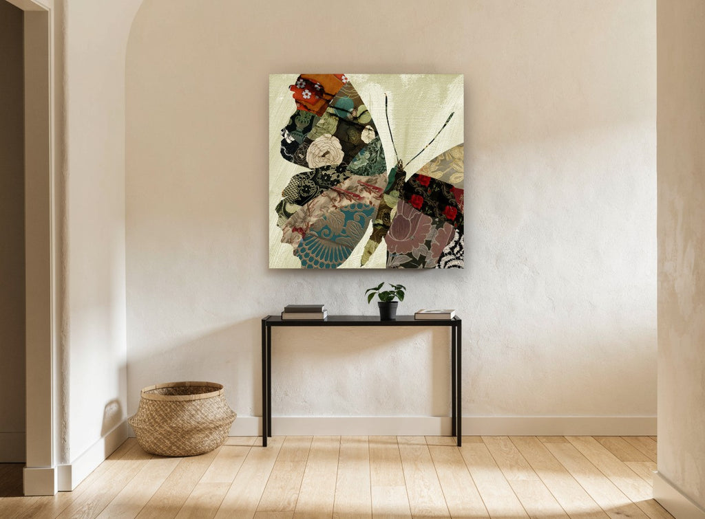 Brocade Butterfly Patchwork floral canvas print on the wall of a hallway