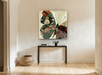 Brocade Butterfly Patchwork floral canvas print on the wall of a hallway