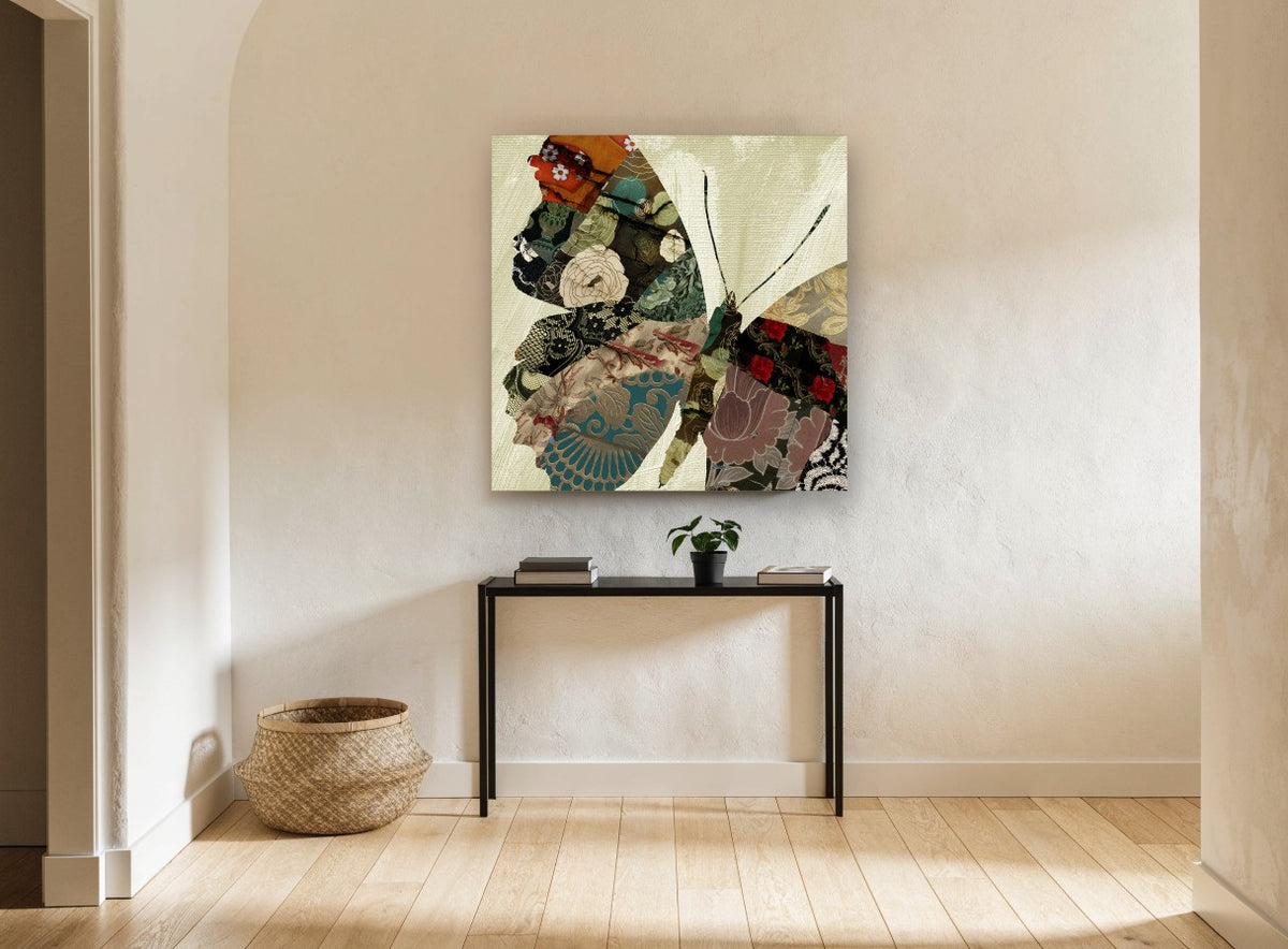 Brocade Butterfly Patchwork floral canvas print on the wall of a hallway