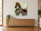 Brocade Butterfly Patchwork floral canvas print on the wall of a living room above a sideboard