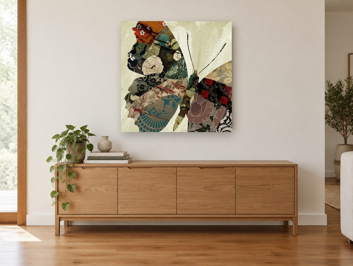 Brocade Butterfly Patchwork floral canvas print on the wall of a living room above a sideboard