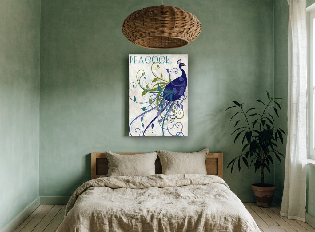 Swirling Peacock Plume animal canvas print on the wall of a bedroom