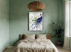 Swirling Peacock Plume animal canvas print on the wall of a bedroom