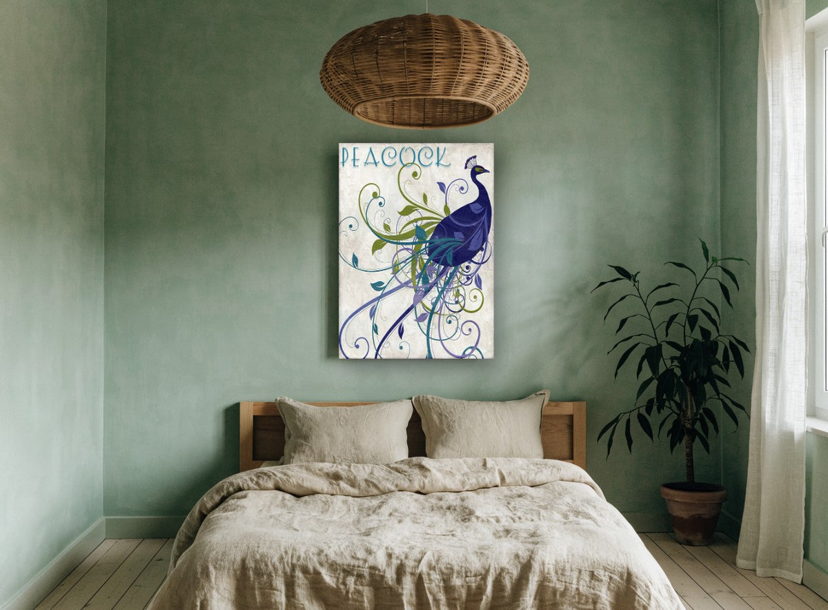 Swirling Peacock Plume animal canvas print on the wall of a bedroom