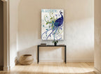 Swirling Peacock Plume animal canvas print on the wall of a hallway