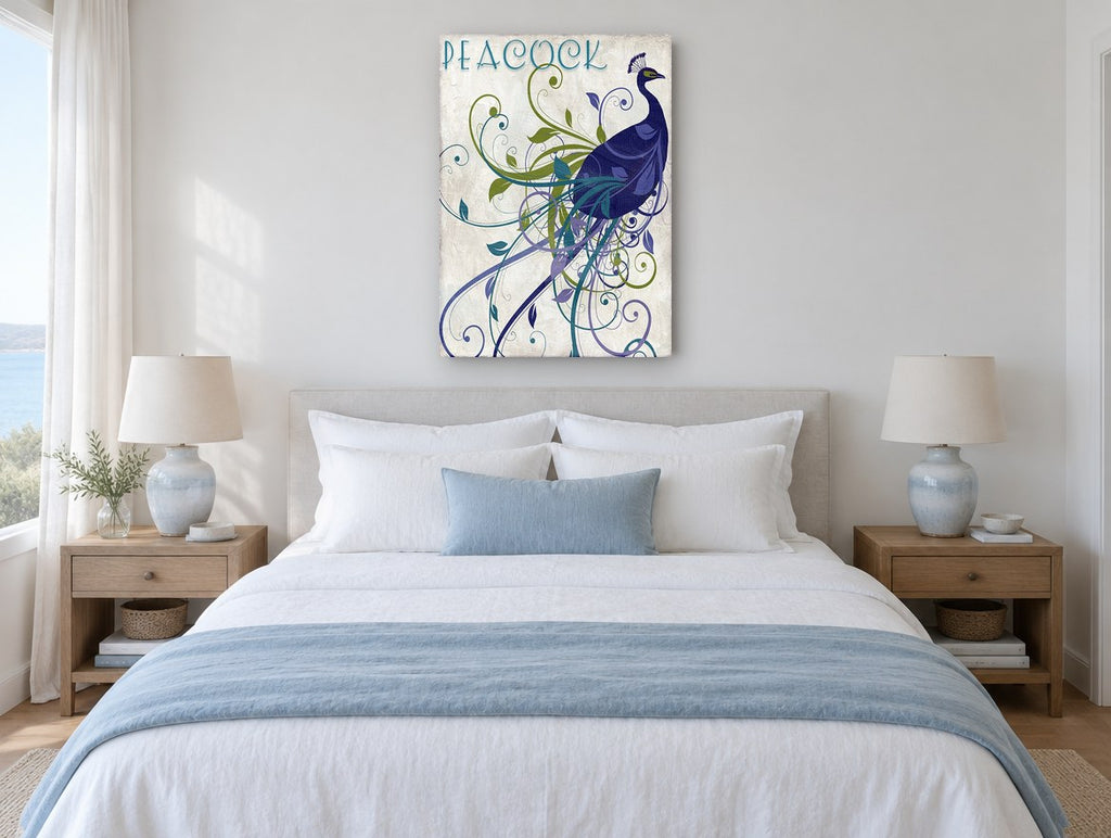 Swirling Peacock Plume animal canvas print on the wall of a bedroom