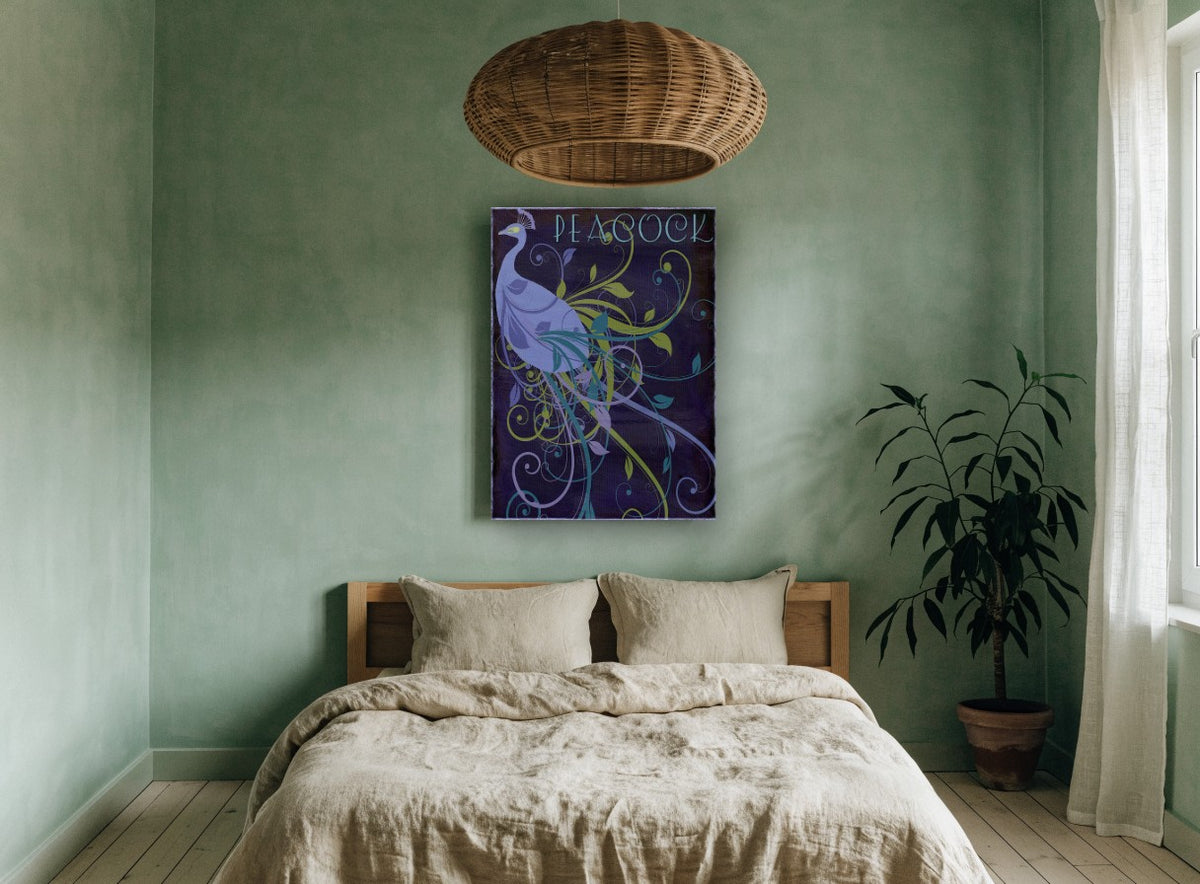 Nouveau Peacock Swirl animal canvas print on the wall of a bedroom