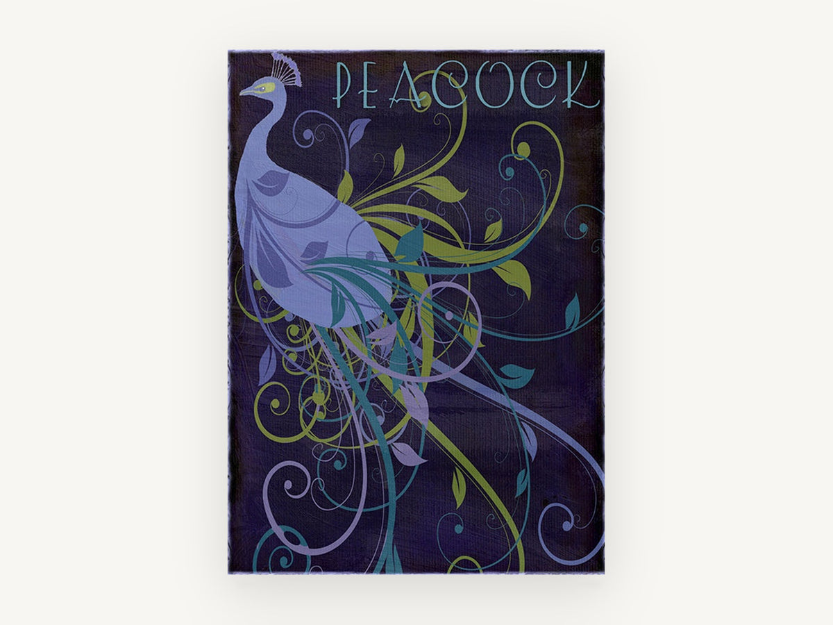 Nouveau Peacock Swirl, art nouveau peacock illustration, animal canvas wall art print, front view