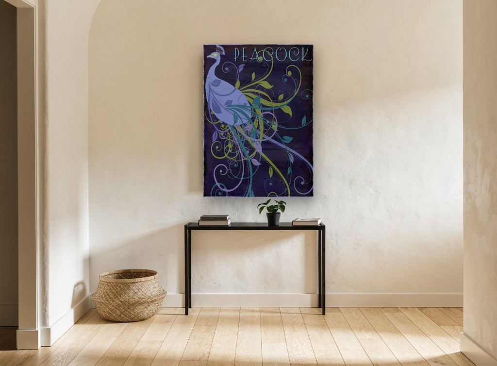 Nouveau Peacock Swirl animal canvas print on the wall of a hallway
