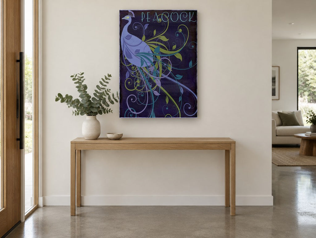 Nouveau Peacock Swirl animal canvas print on the wall of a entry hall