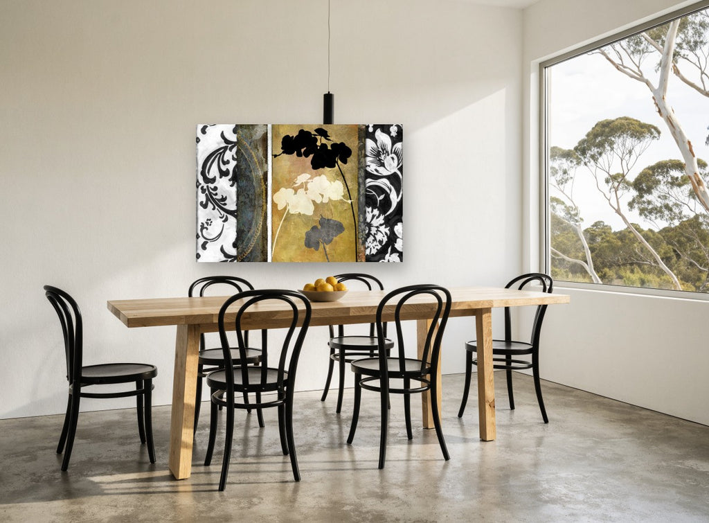 Orchid Silhouettes and Damask floral canvas print on the wall of a dining room