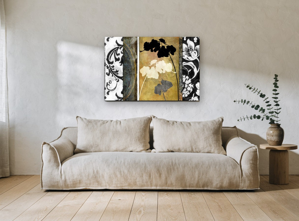 Orchid Silhouettes and Damask floral canvas print on the wall of a living room