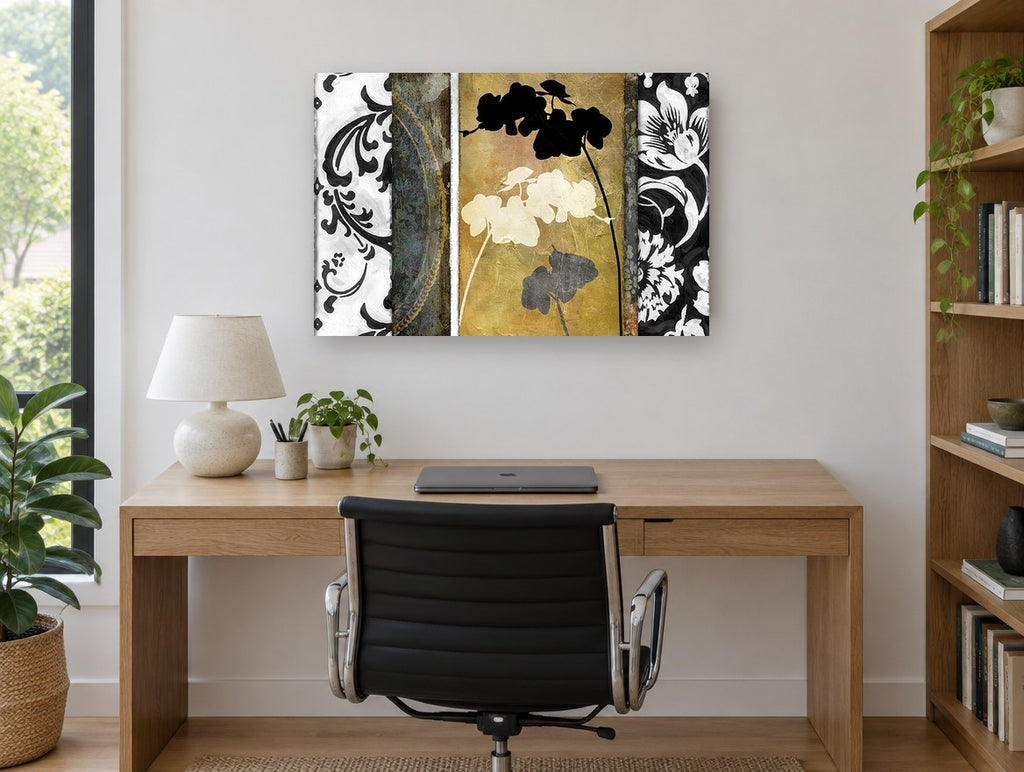 Orchid Silhouettes and Damask floral canvas print on the wall of a study