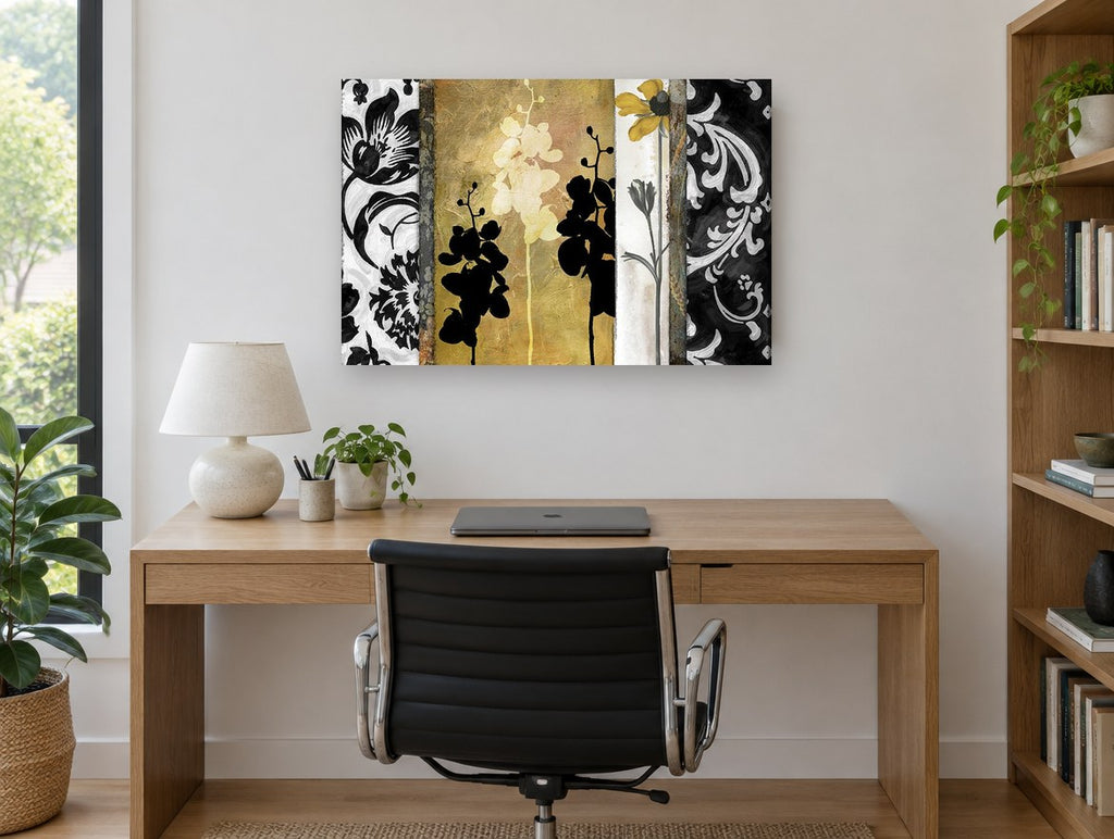 Gilded Orchid Panels floral canvas print on the wall of a study