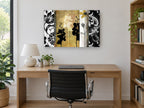 Gilded Orchid Panels floral canvas print on the wall of a study