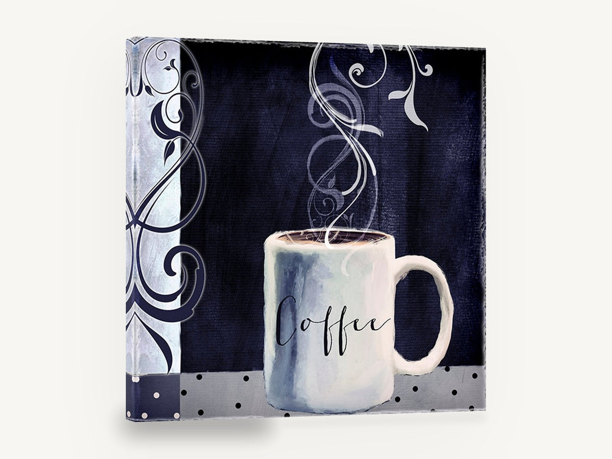 Midnight Blue Coffee Mug, steaming coffee mug blue kitchen, kitchen canvas wall art print ready to hang