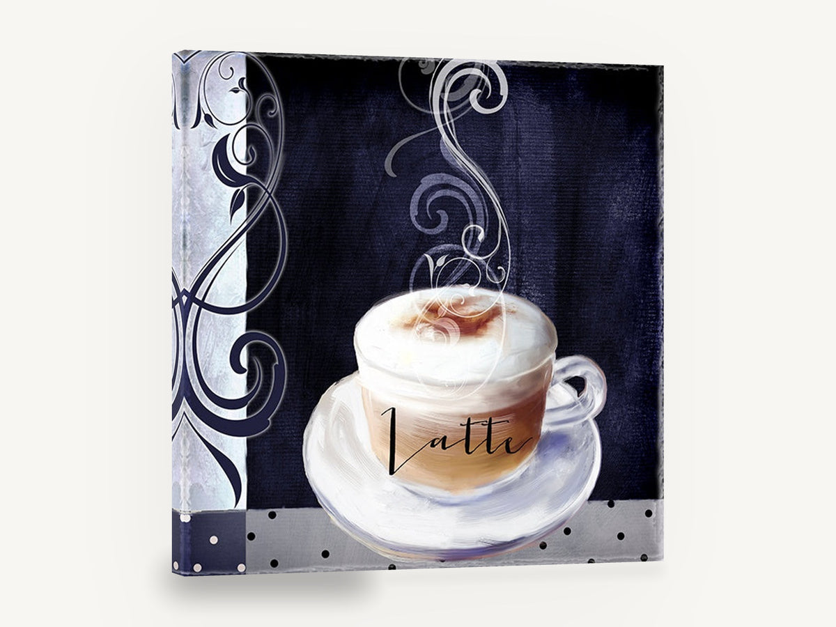 Midnight Latte Swirl, latte cup steam swirl coffee, kitchen canvas wall art print ready to hang