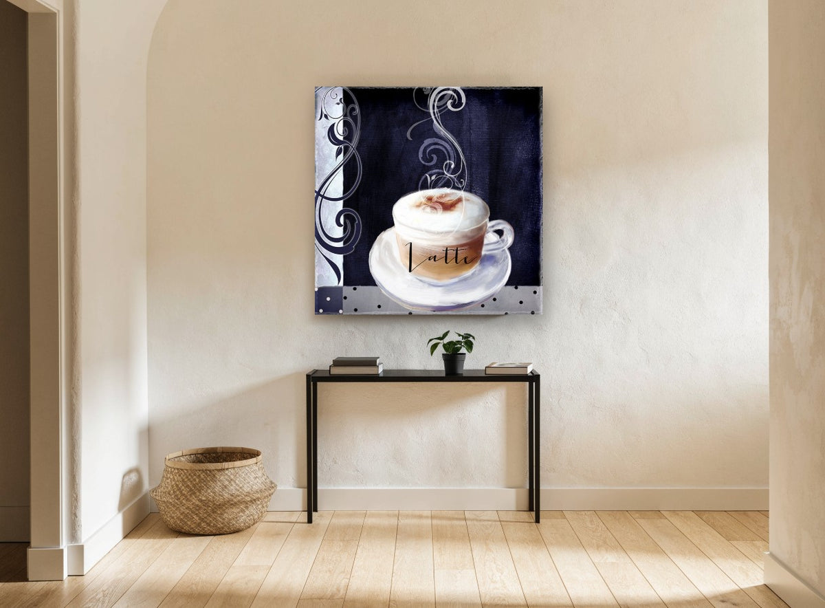 Midnight Latte Swirl kitchen canvas print on the wall of a hallway