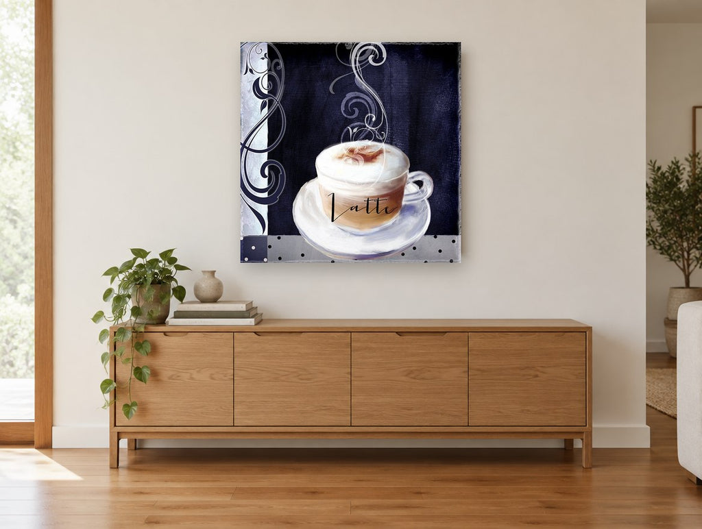 Midnight Latte Swirl kitchen canvas print on the wall of a living room above a sideboard
