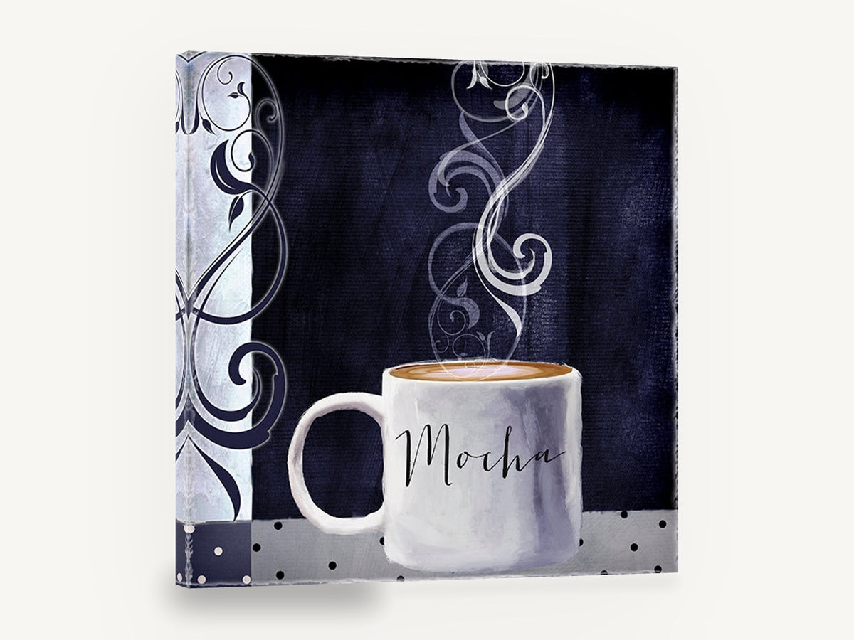 Midnight Mocha Mug, mocha coffee cup navy kitchen, kitchen canvas wall art print ready to hang
