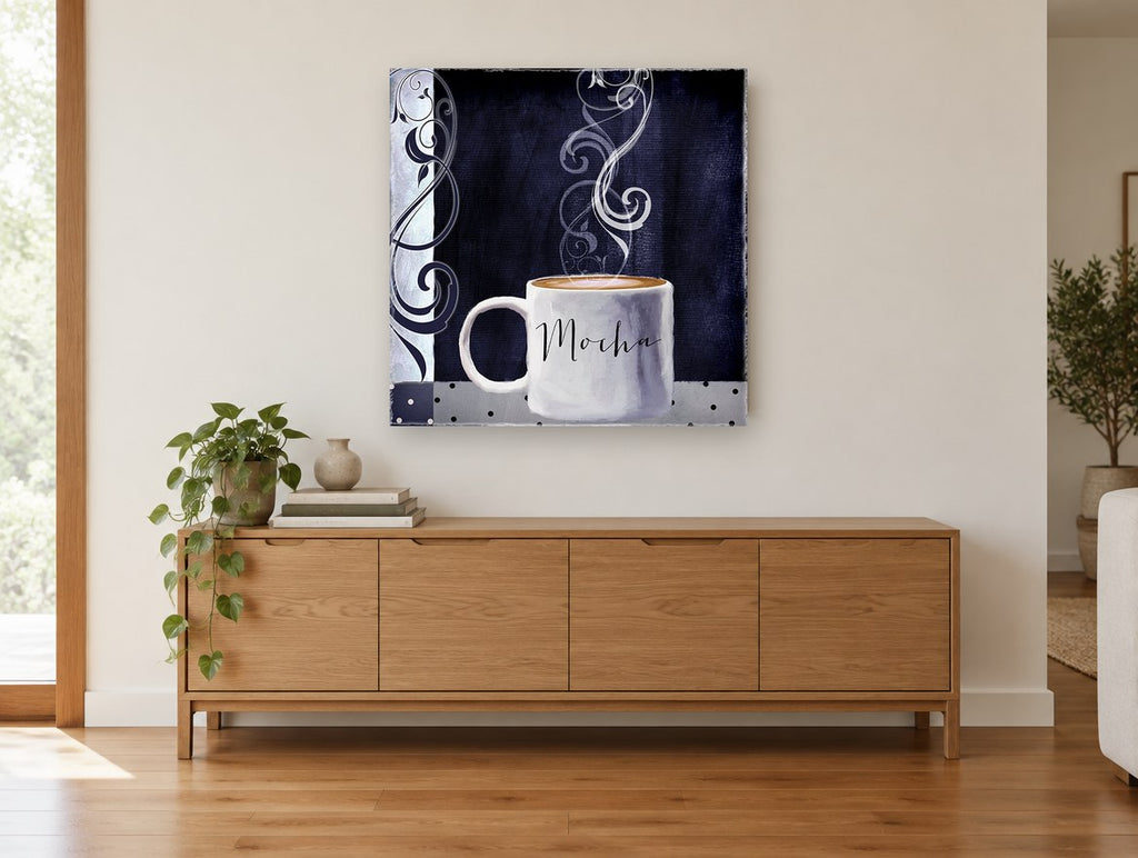 Midnight Mocha Mug kitchen canvas print on the wall of a living room above a sideboard