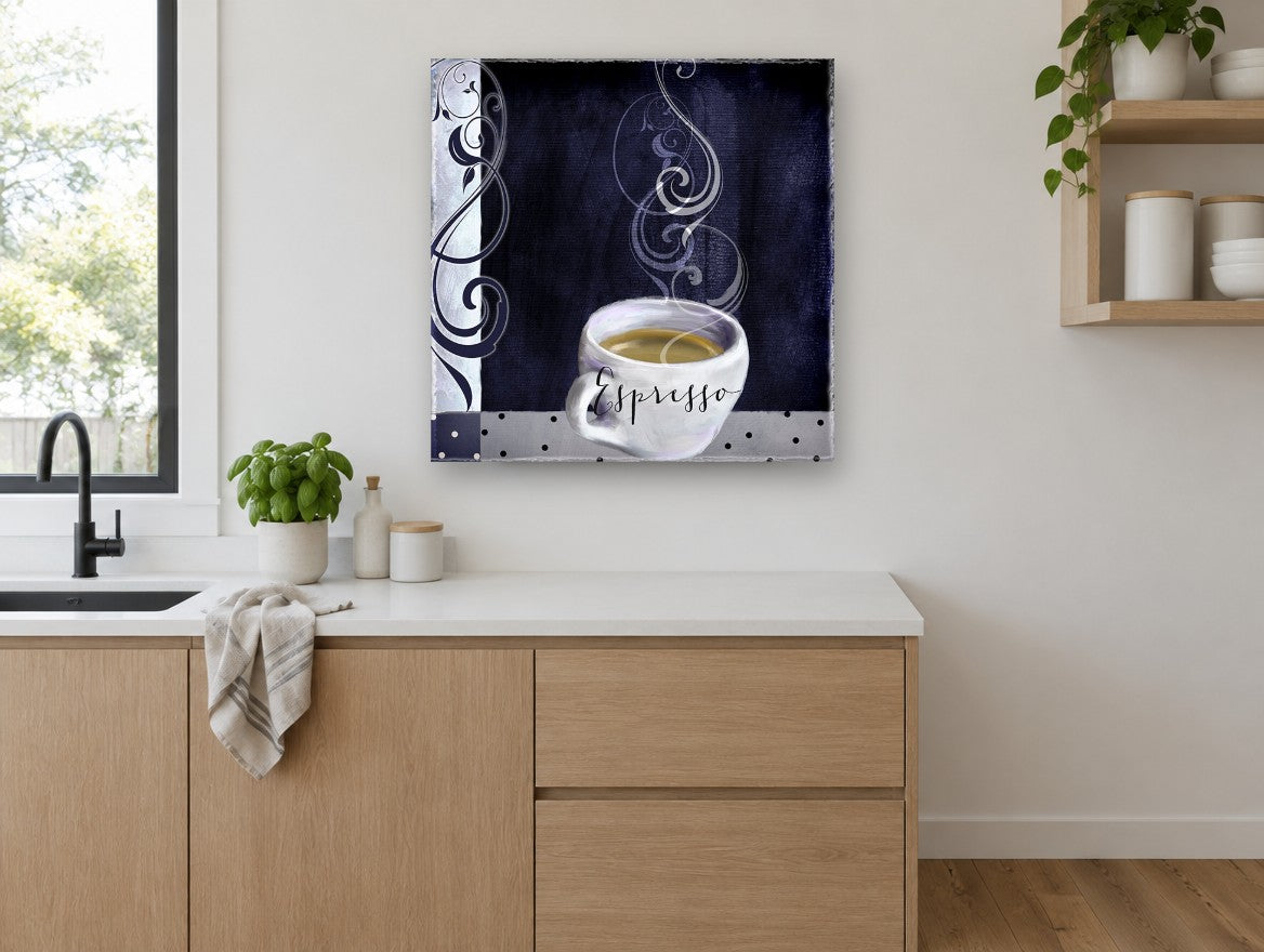 Midnight Espresso Swirl kitchen canvas print on the wall of a kitchen